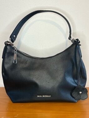Dana Buchman Black Pebbled Leather Hobo Shoulder Bag with Floral Charm